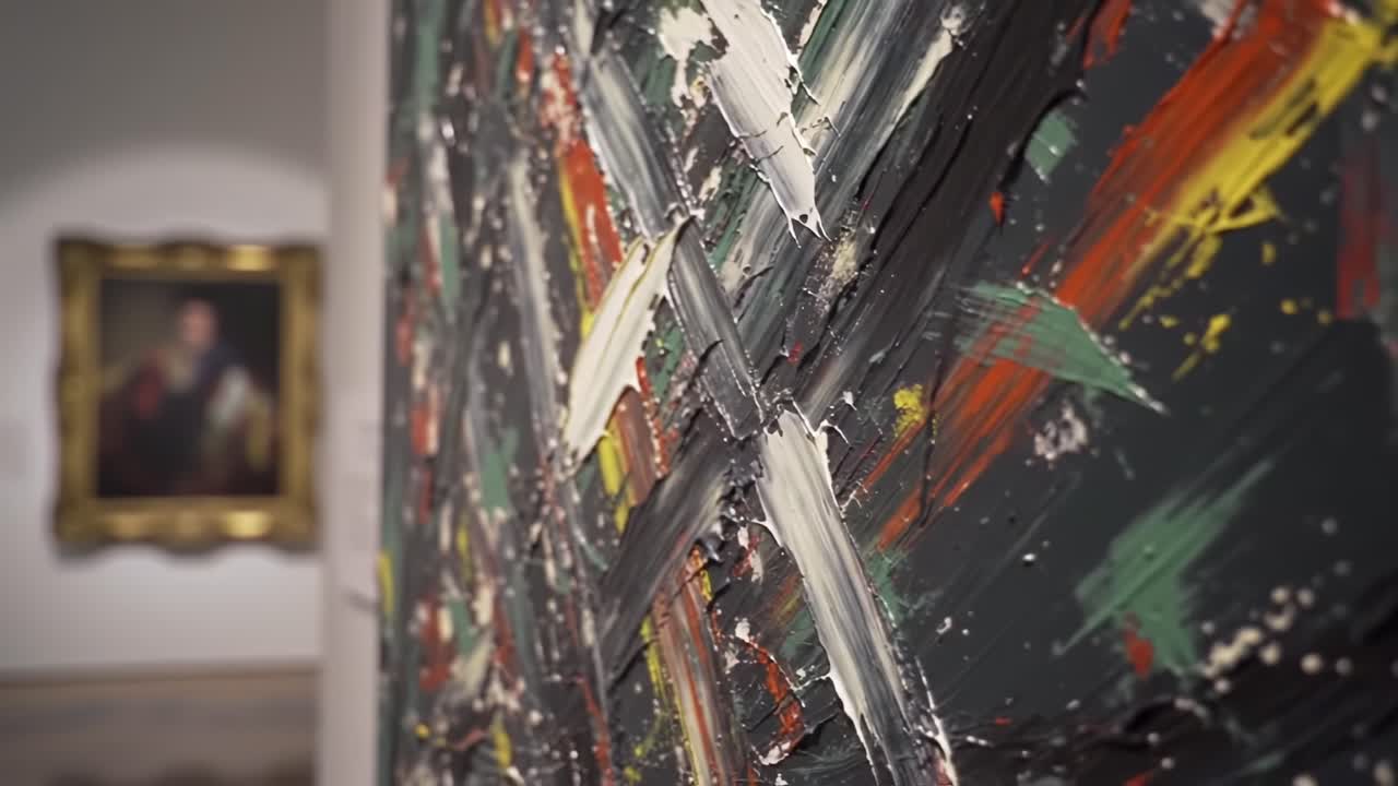 Exploring Abstract Expressionism: A Close-Up View of Dynamic Brushstrokes in a Contemporary Art Gallery Setting