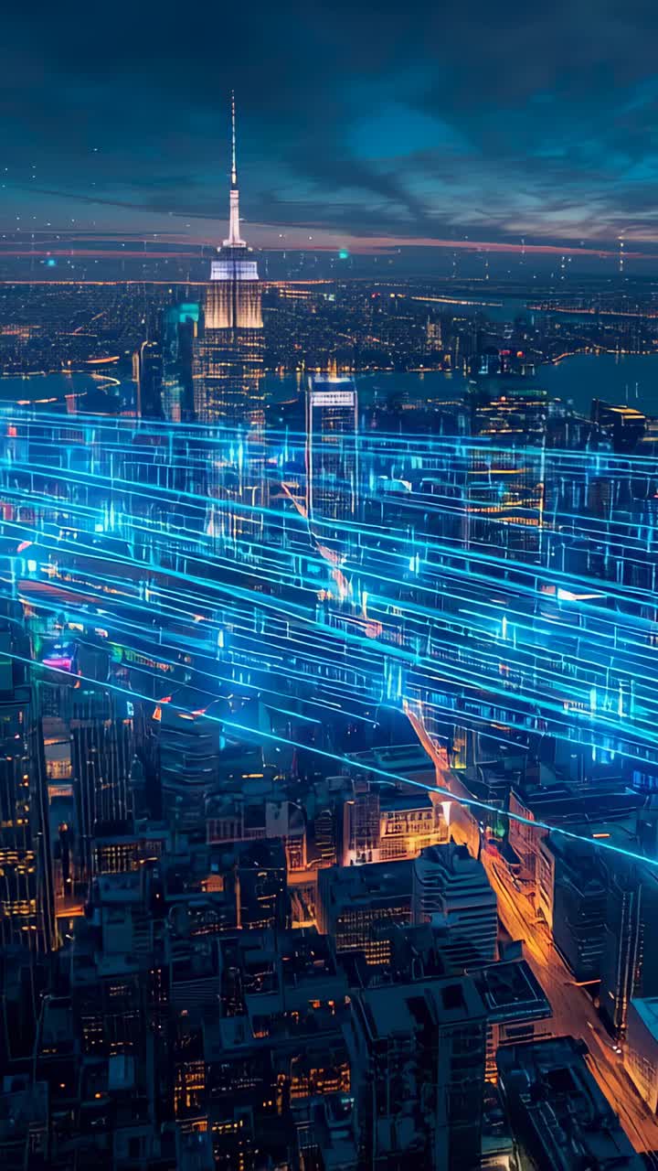 Video verticale: sovrapposizione in attivazione, guglia che invia scie blu sopra la città di notte, mostrando il flusso di dati