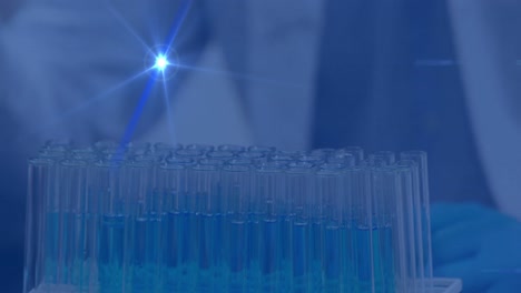 Animation-of-data-processing-over-scientist-with-pipette-in-lab