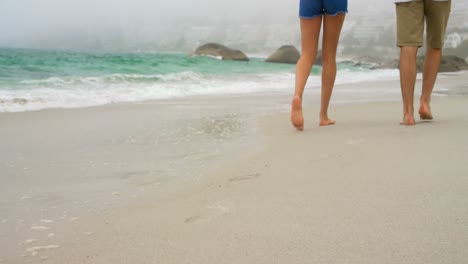 Low-section-of-couple-walking-with-hand-in-hand-on-the-beach-4k