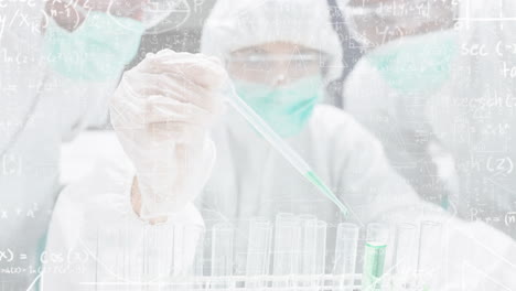 scientists in protective gear using pipette over scientific equations animation