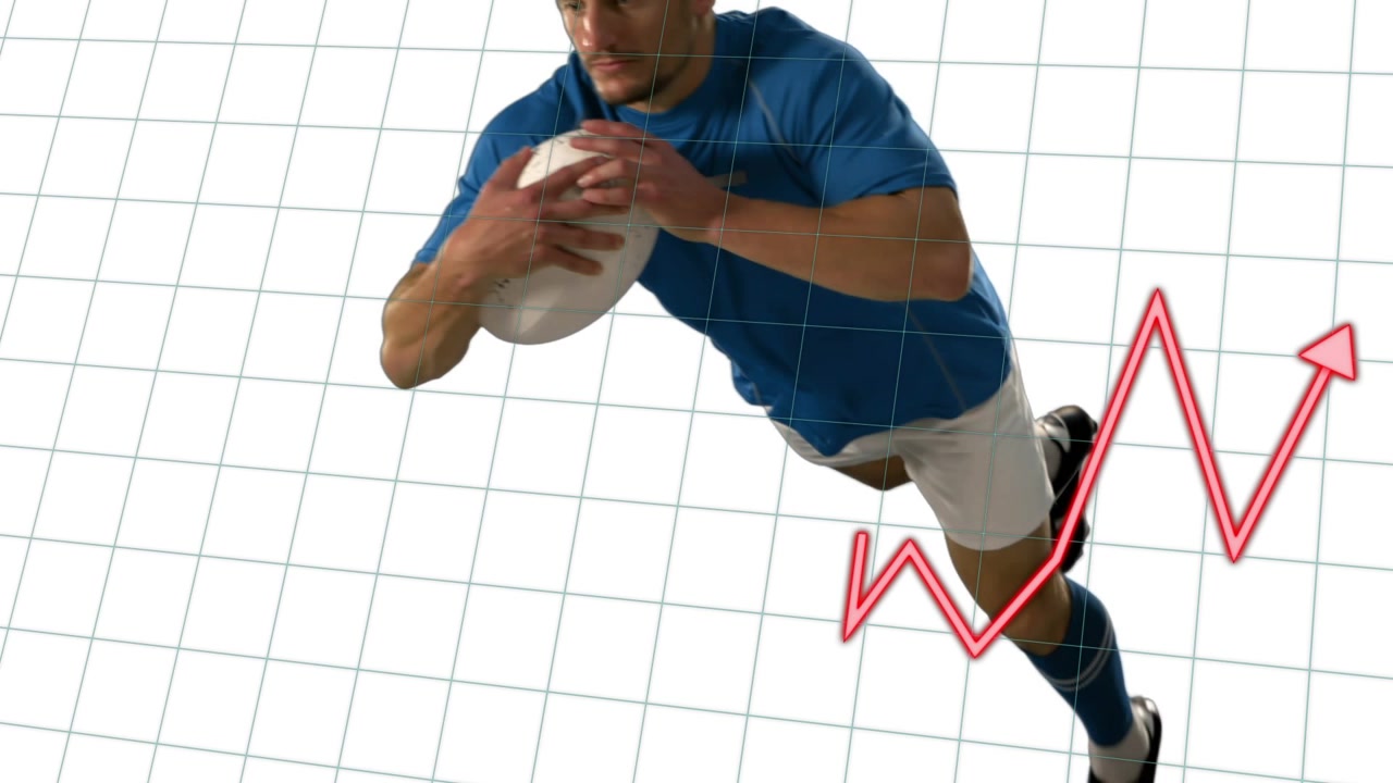 Grafico sportivo che si intreccia verso una mano, atleta maschio che corre stringendo una palla da rugby che si tuffa per segnare su una griglia