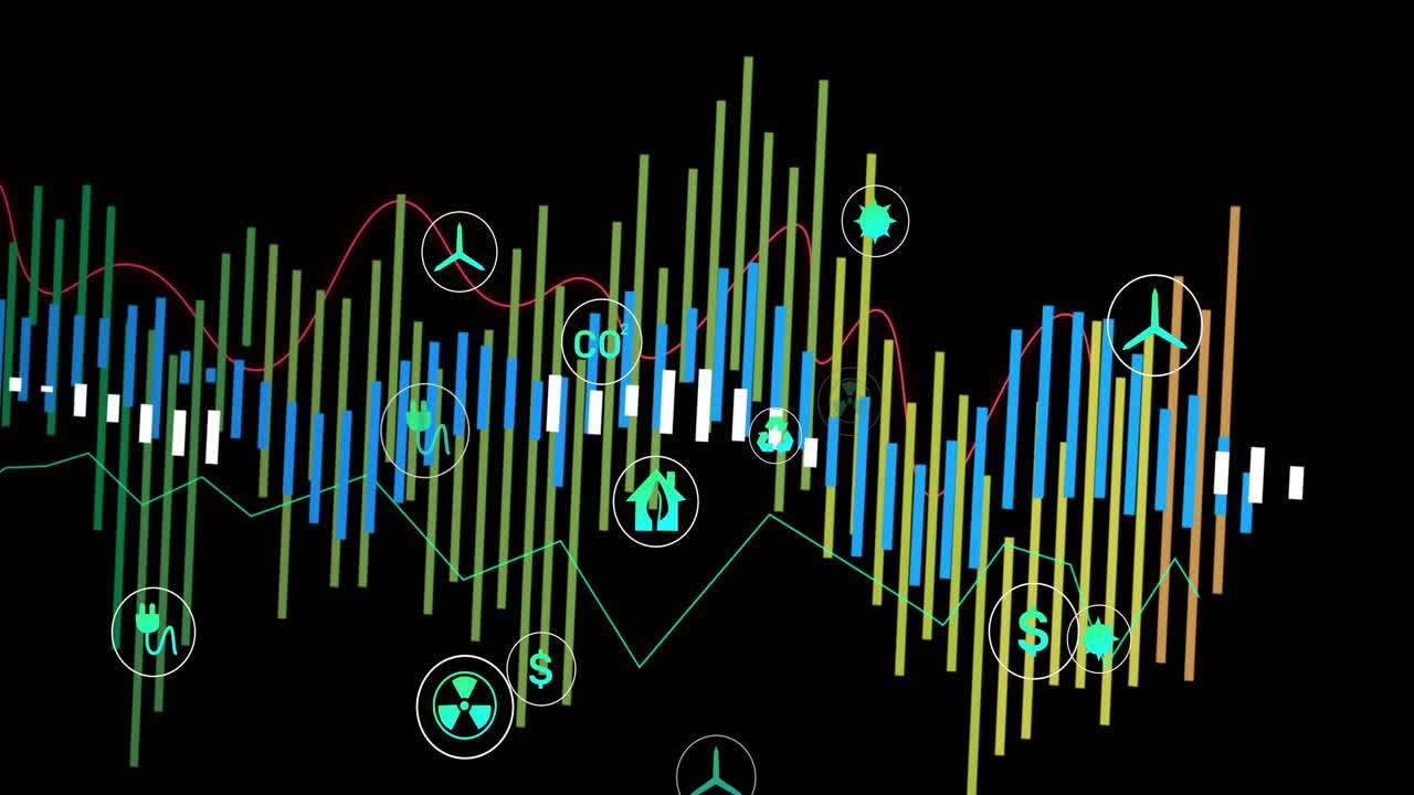 Left green bars and plug appearing, bars extending right, icons sliding in, lines mapping trends