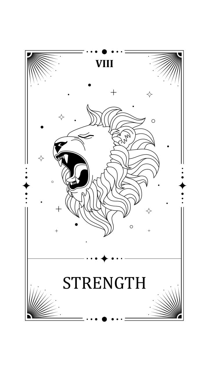 Tarotkarte Stärke mit brüllender Löwenkopf-Illustration