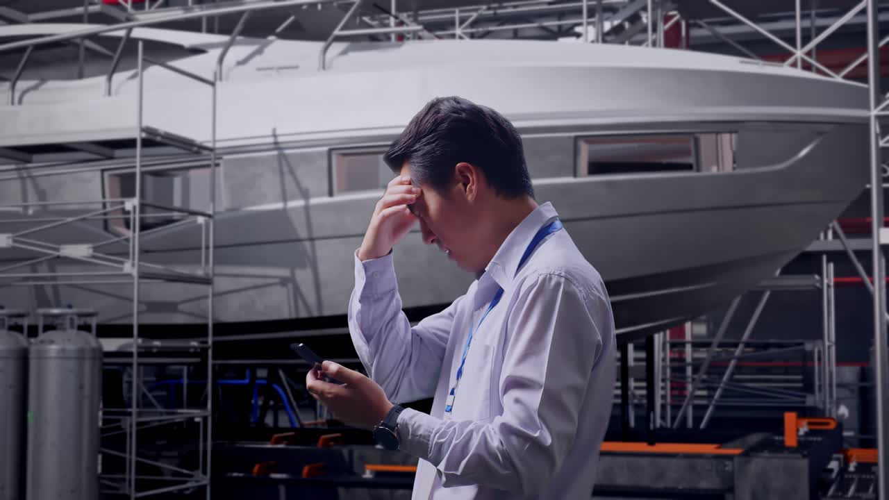 Side View Of An Asian Male Professional Worker Standing With His Smartphone with Yacht Construction in Modern Shipyard, Checking With Dissapionted And Nodding His Head