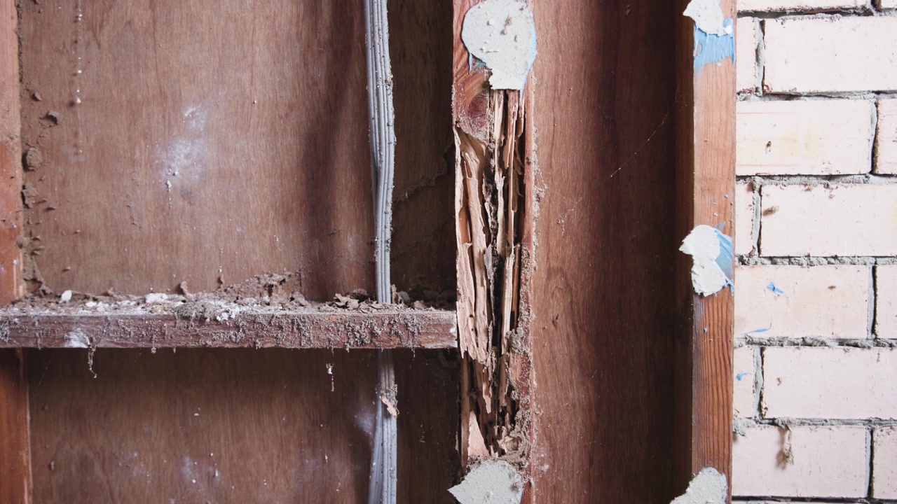 Damage from termites on a stud wall. Brick wall home.