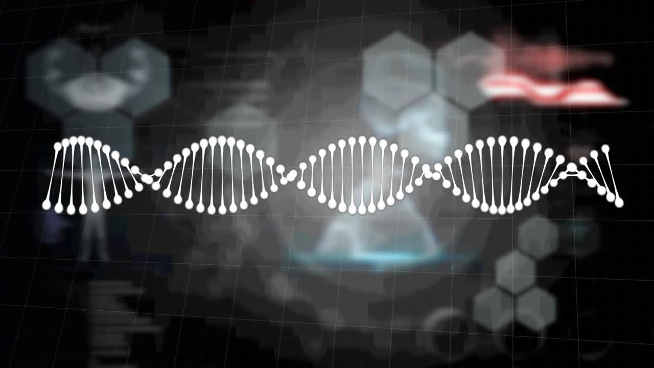 Dna structure spinning over chemical structures floating against medical data processing