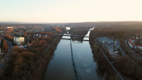 drone video of main danube canal in bamberg during sunset