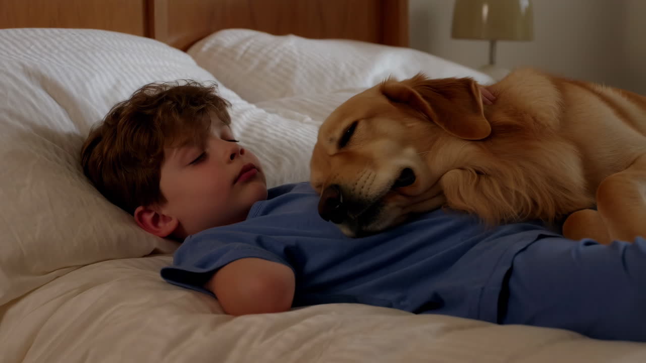 A boy and his Golden Retriever sleeping peacefully in bed