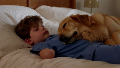 a boy and his golden retriever sleeping peacefully in bed