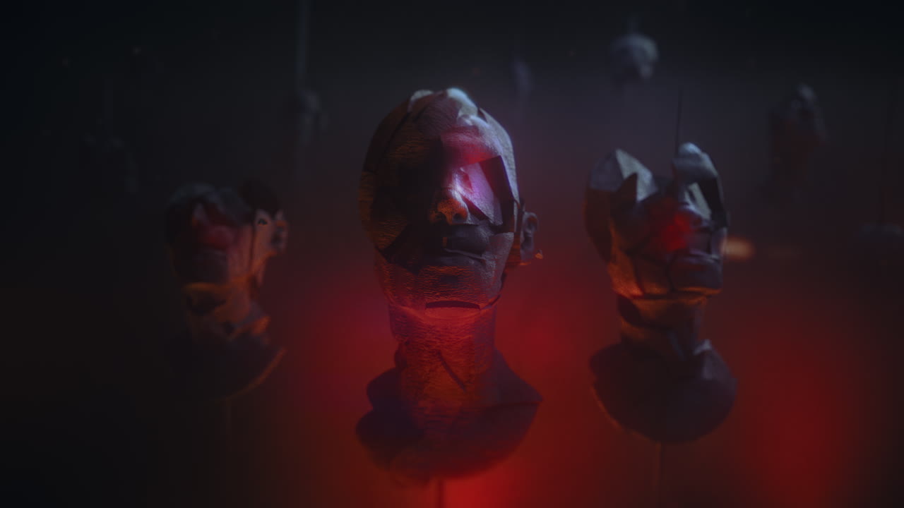 Three crushed android heads on spikes in hell