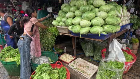 woman organizing vegetables at a busy market