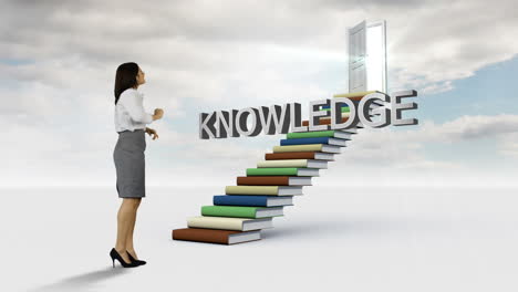 businesswoman looking at a word on stair made of books