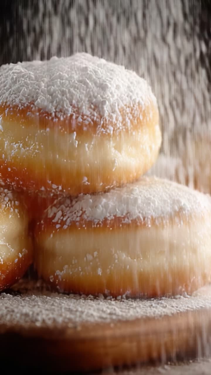 Köstlich weiche und luftige Gebäckspezialitäten, bestreut mit Puderzucker, die die verlockende Essenz frisch zubereiteter Krapfen widerspiegeln.