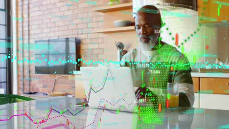 Animation-of-financial-data-processing-over-african-american-man-using-laptop