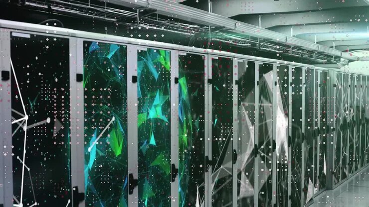 Animazione di punti connessi e globi su rack server in sala server.
