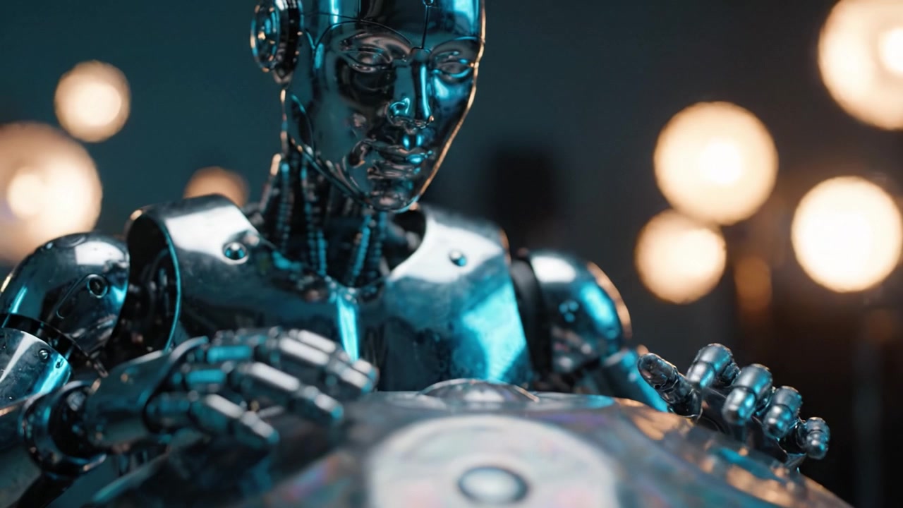 Karmaşık metal mekaniklere ve ambiyans aydınlatmasına sahip, handpan enstrümanı çalan fütüristik bir robot, teknoloji ve sanatın uyumunu sergiliyor
