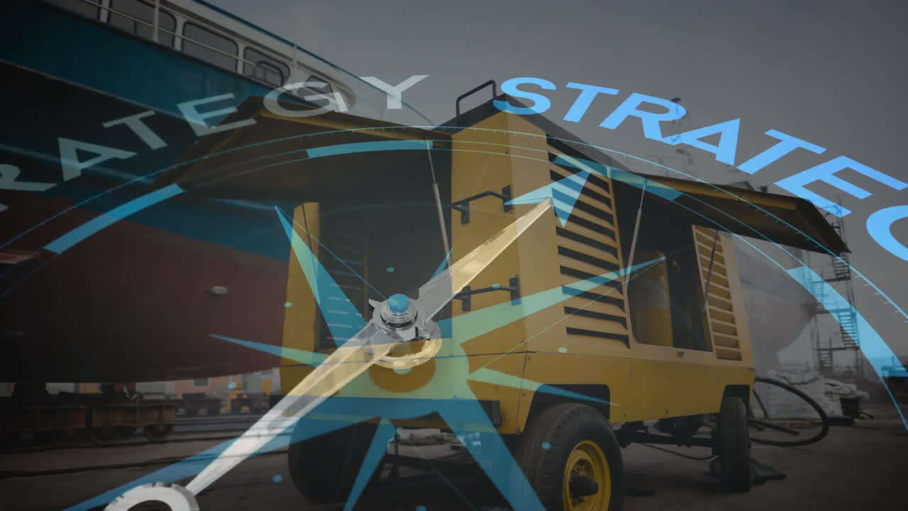 조선소 위의 전략 텍스트와 함께 나침반의 애니메이션