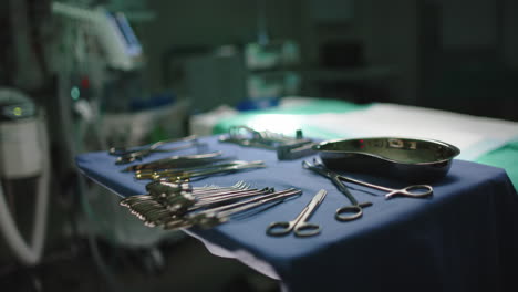 close up of empty operating room with bed and operating tools in slow motion