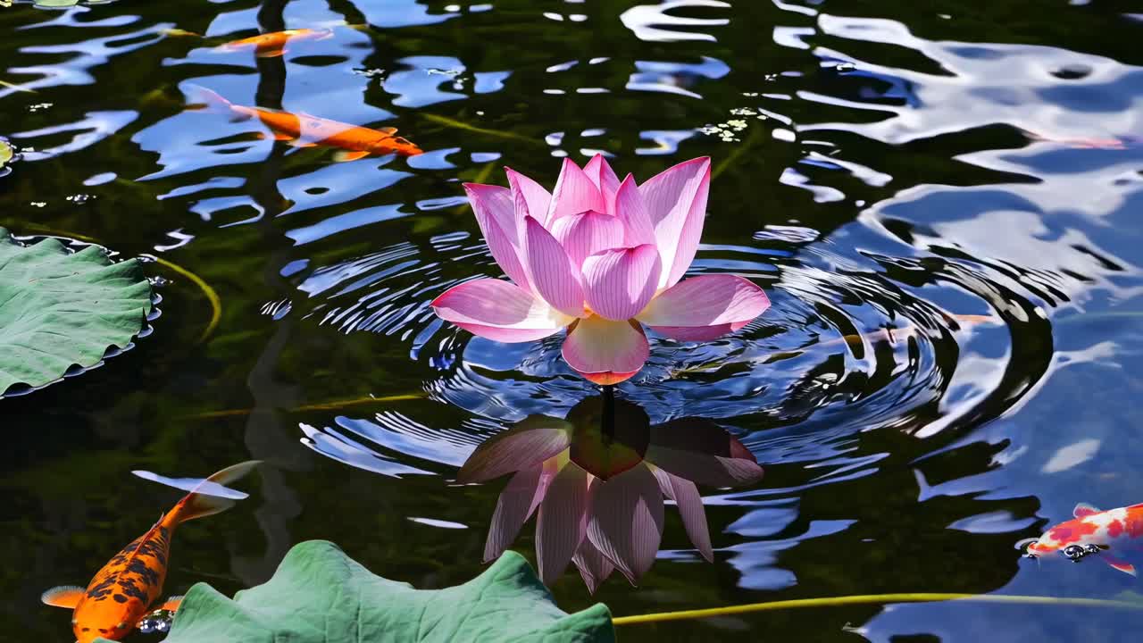 A serene video scene with a top-down angle capturing a pink lotus surrounded by koi fish