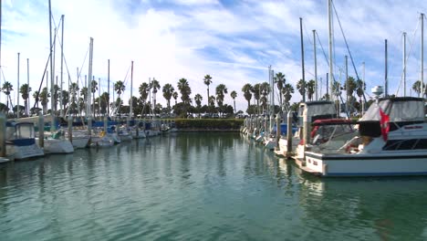 wide tracking shot of boats docked in santa barbara harbor