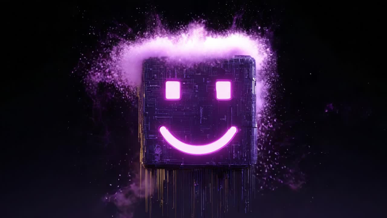 A captivating transformation of a smiling digital cube emerges from a vibrant explosion of purple particles, showcasing a harmonious blend of technology and creativity in a mesmerizing visual display