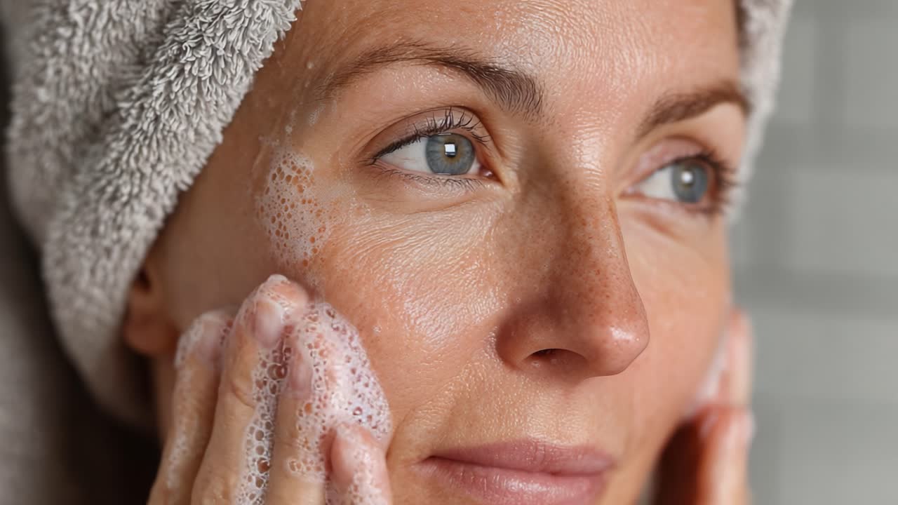 Close-Up of a Woman Gently Cleansing Her Face with Foam, Highlighting a Skincare Routine and the Importance of Personal Care for Healthy Skin