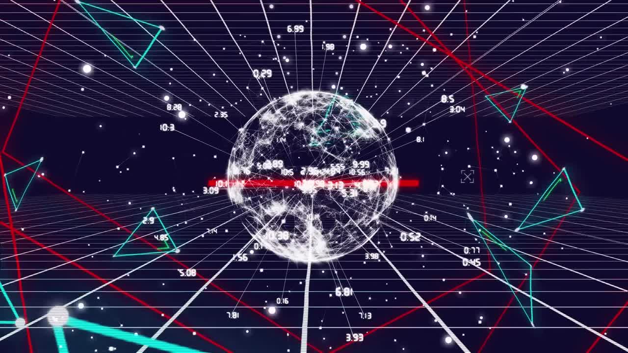 흑색 바탕에 숫자, 삼각형, 직사각형 및 지구의 그리드 패턴의 애니메이션