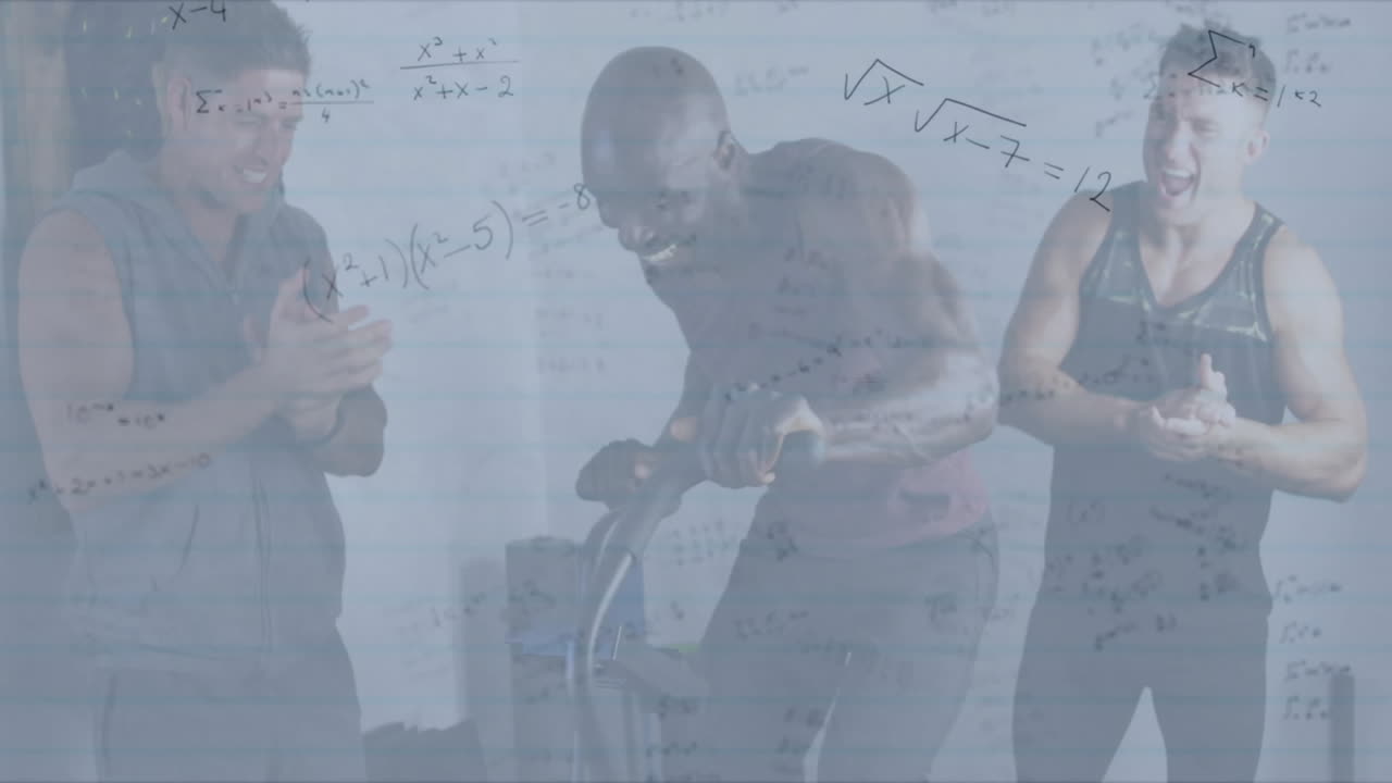 Fitness partners pedaling on stationary bike, clapping in gym, overlaying animated math equations