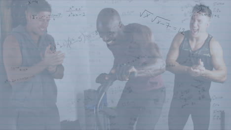 fitness partners pedaling on stationary bike, clapping in gym, overlaying animated math equations