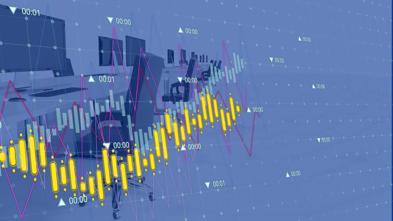 사무실의 비어있는 의자와 데스크에서 변하는 숫자를 가진 그래프의 애니메이션
