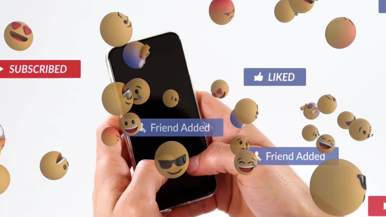 animación de iconos de redes sociales y emojis que caen sobre una persona que usa un teléfono inteligente