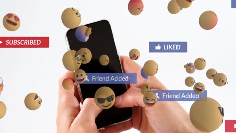 animación de iconos de redes sociales y emojis que caen sobre una persona que usa un teléfono inteligente