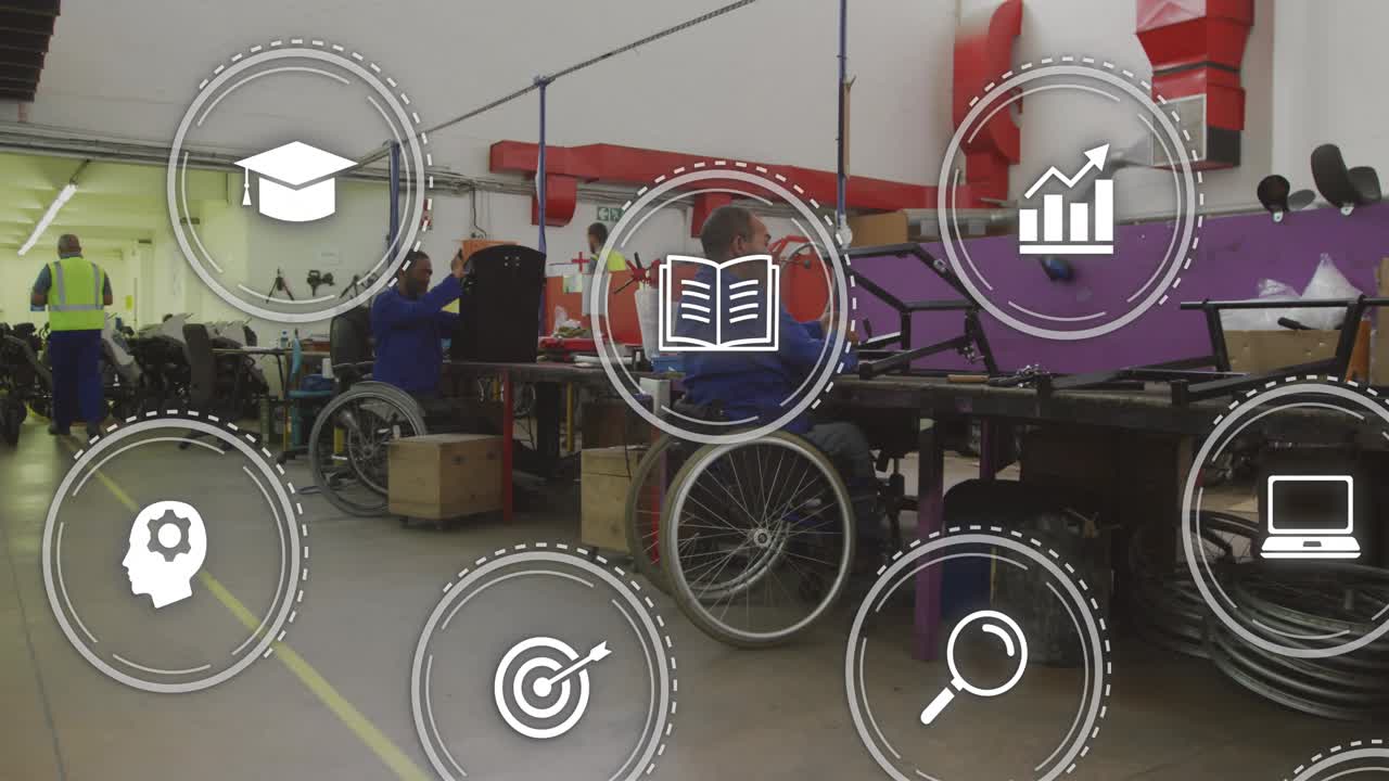 Wheelchair user assembling parts at bench in workshop, HUD icons appearing and annotating workflow