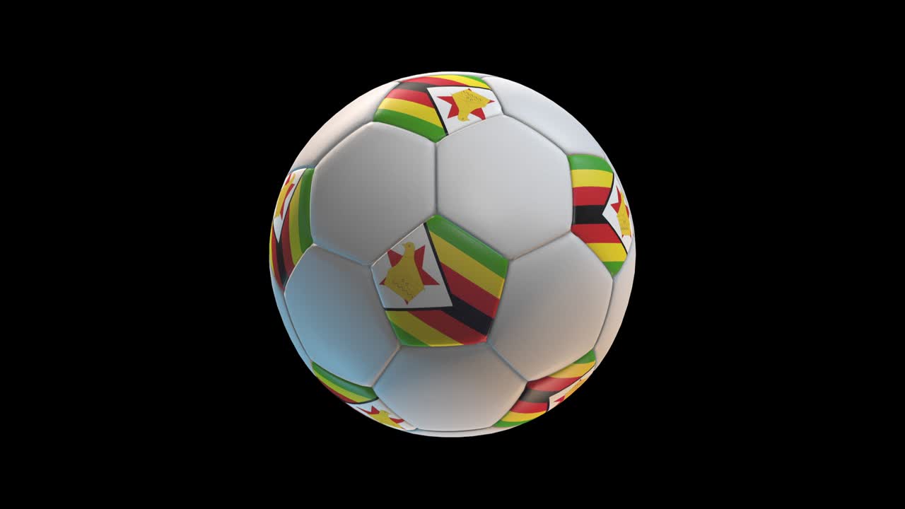 pelota de fútbol con bandera de zimbabue, en fondo negro bucle alfa. representación en 3d