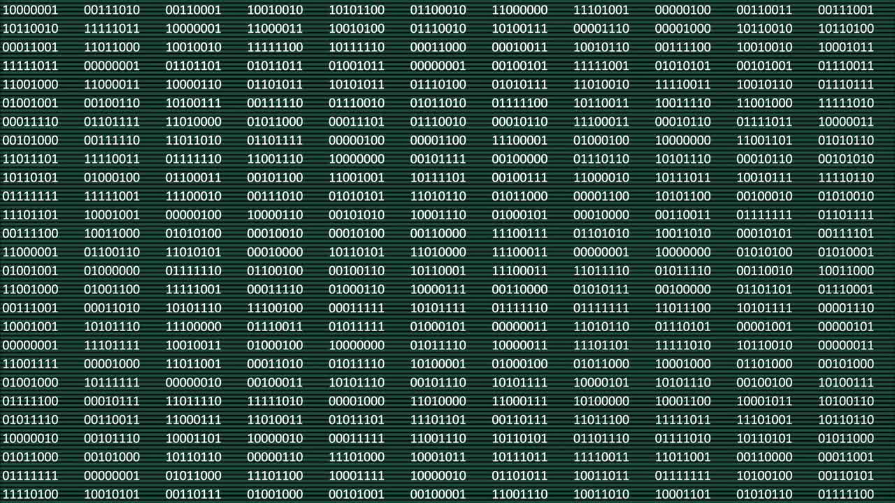 Animated digital bits and bytes on a black and green computer screen.