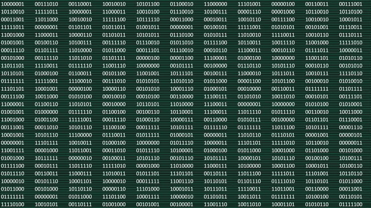 Animated digital bits and bytes on a black and green computer screen.