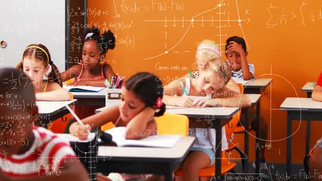 animation of math formulas over class of diverse children learning at school
