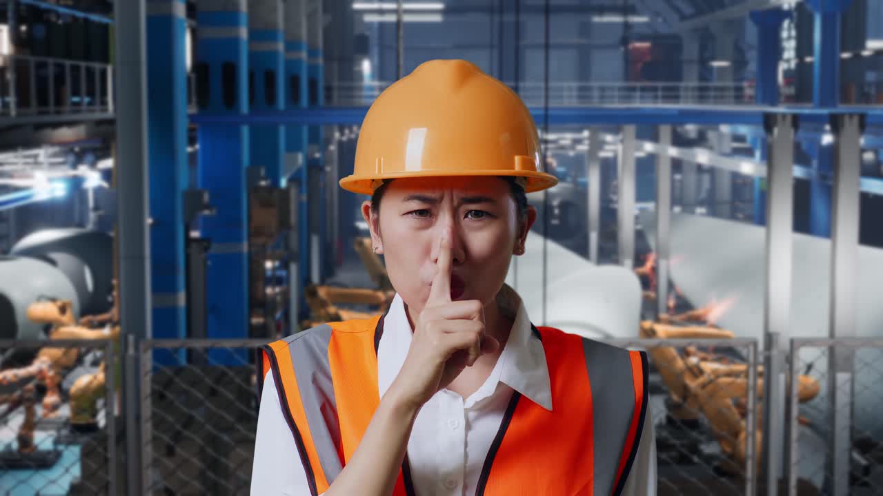공장 노동자가 침을 신호하고 있습니다.