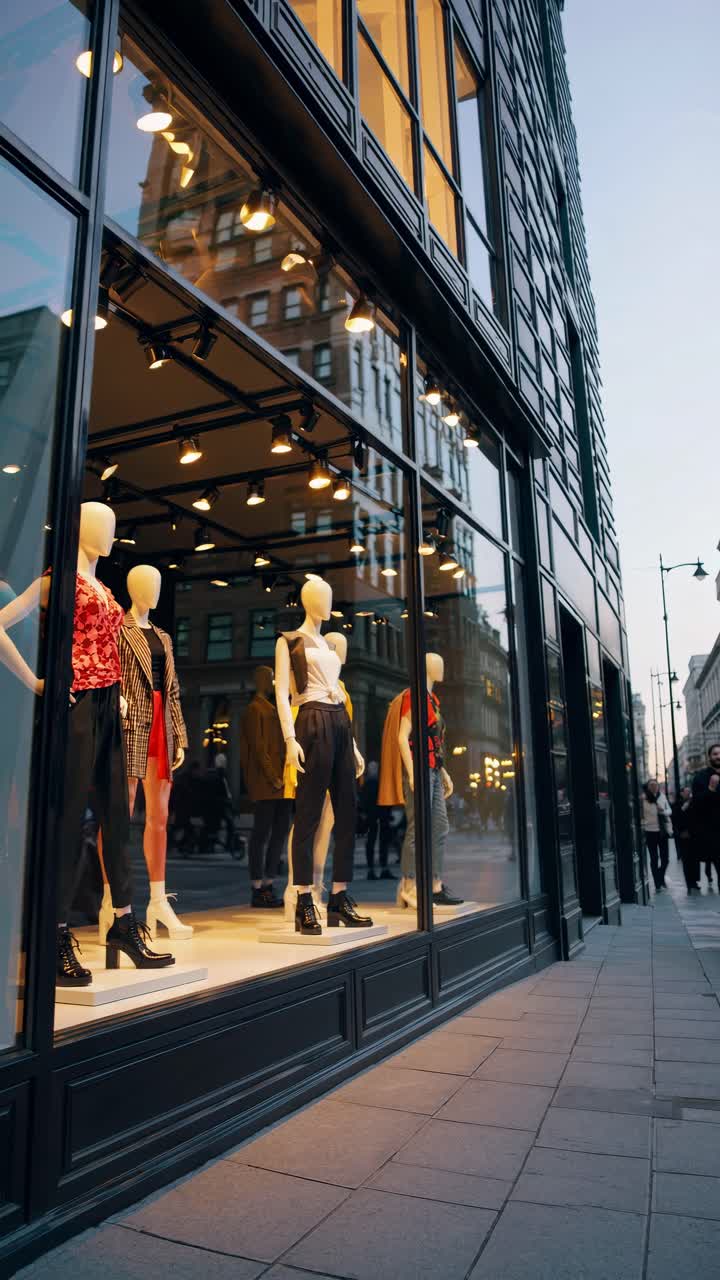 Low-angle video shot of a chic urban storefront display with stylish mannequins, showcasing trendy