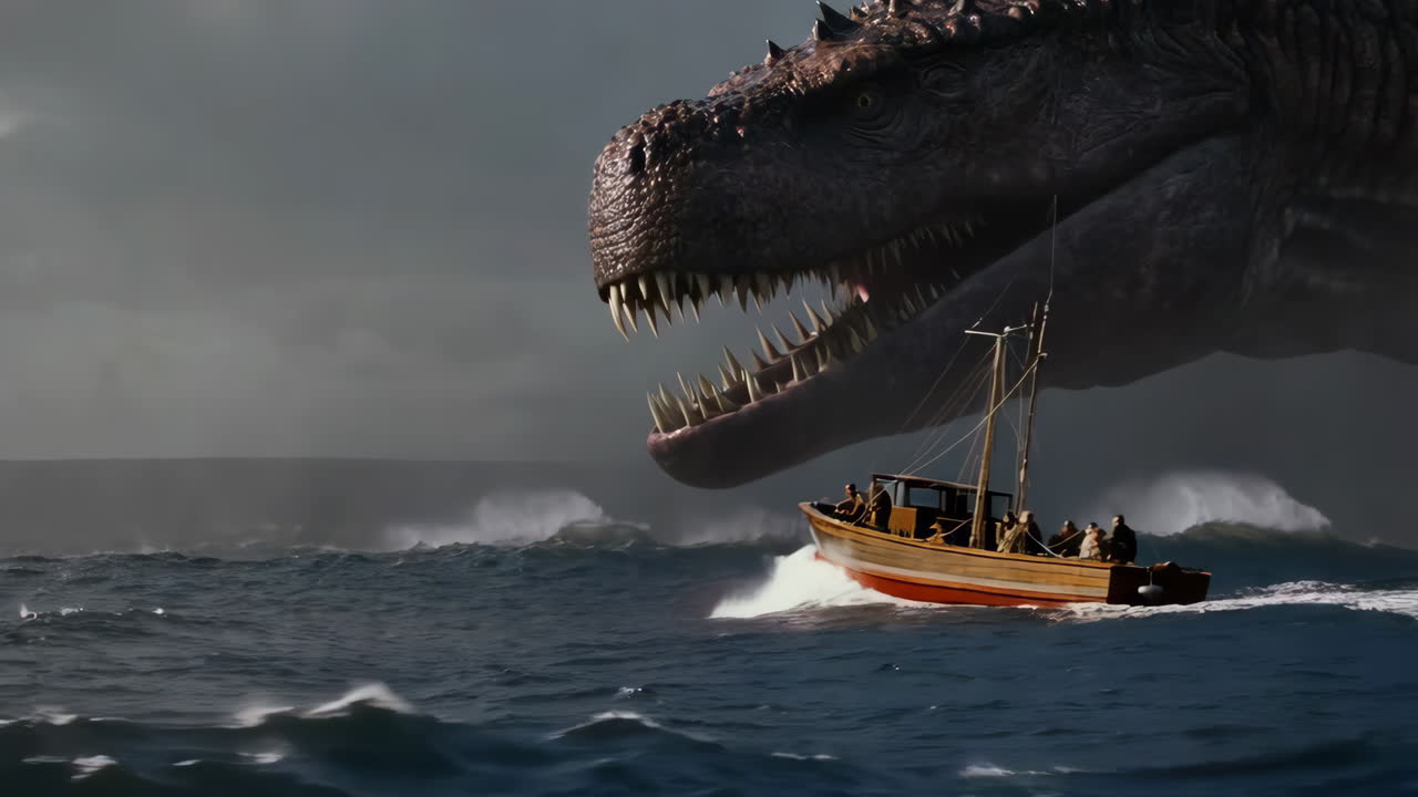 Giant T-Rex Attacks a Small Boat in a Stormy Ocean