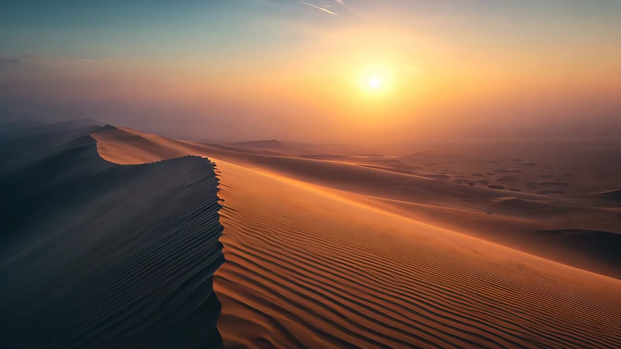 Starting slow camera traveling along sand dune crest at desert dune field, revealing ripples, sun