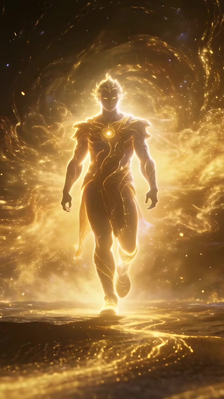 Vídeo vertical: Humanoide emergente avançando através de um vórtice dourado, com faixa e emblema no peito pulsando.