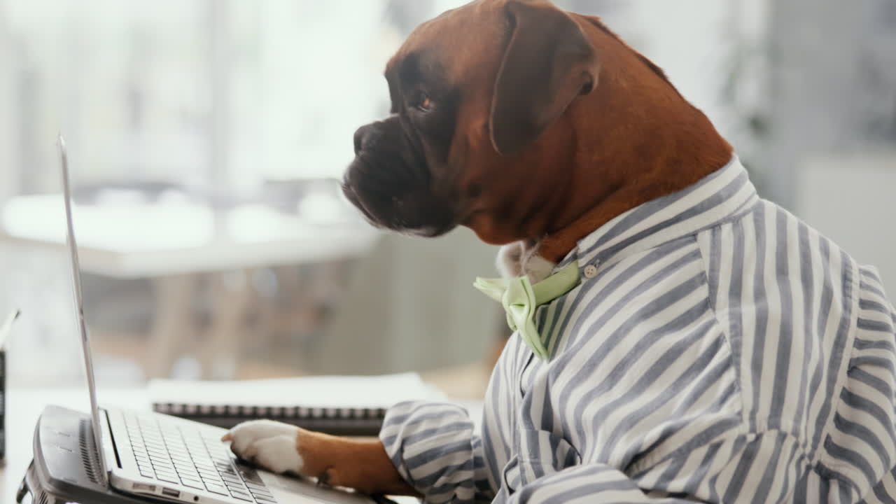 Dog wearing a shirt working on a laptop