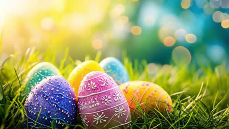 a group of colorful easter eggs sitting in the grass