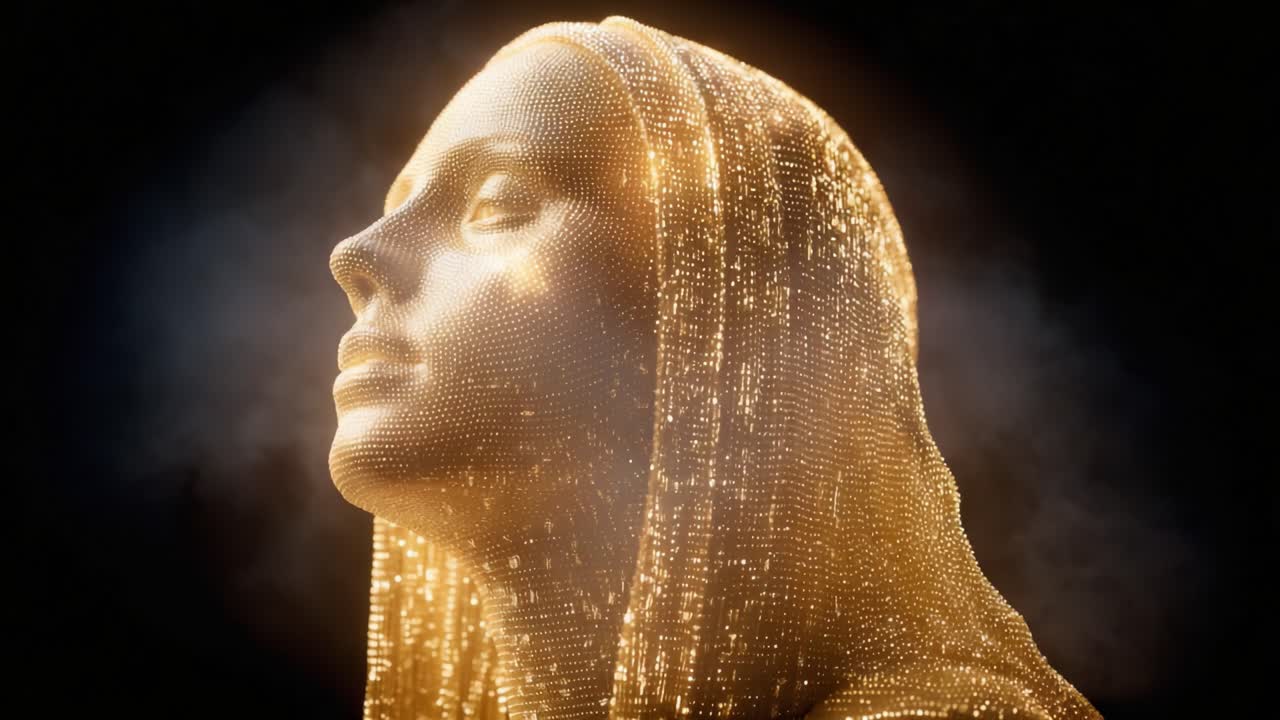 A stunning visualization of a luminous, ethereal face shrouded in a shimmering digital veil, showcasing the intricate interplay of light and shadow against a dark backdrop, capturing an otherworldly essence