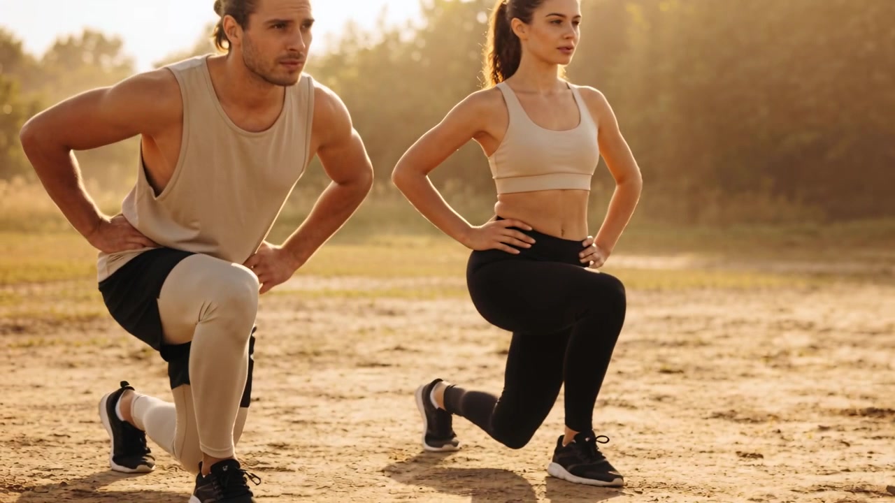 Starting fit pair stepping forward lowering into synced lunges for fitness in shoes on sand