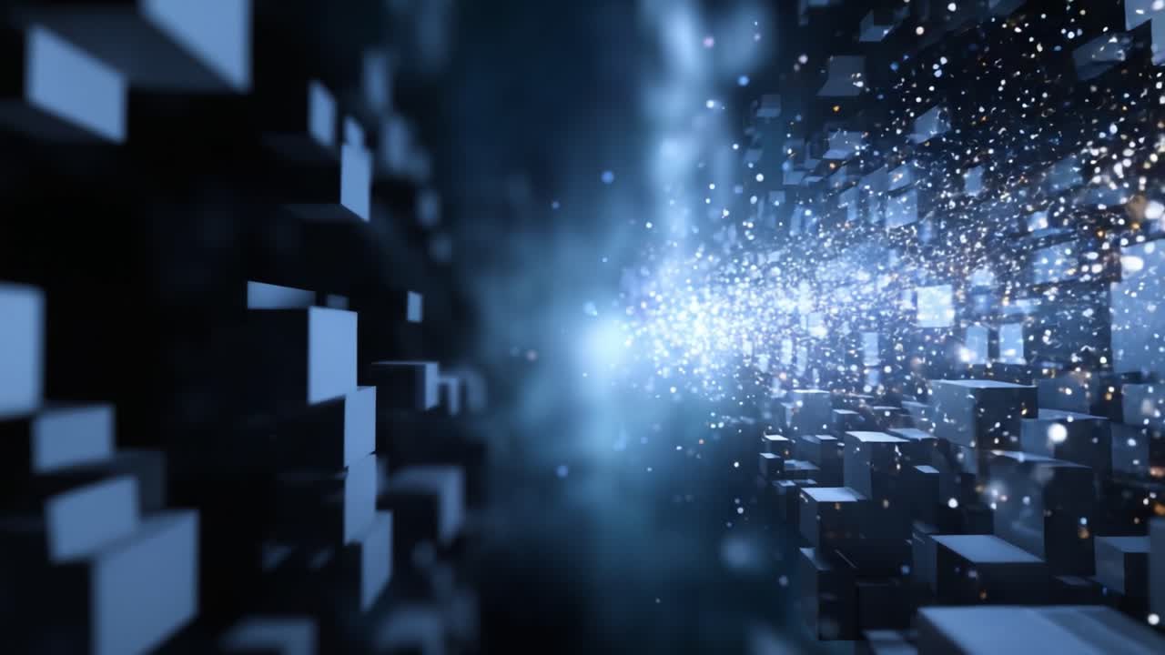 A mesmerizing visual journey through a dynamic digital space filled with vibrant sparks and floating cubes, creating an immersive experience of depth and movement