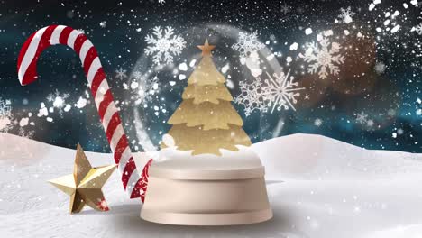 Animation-of-candy-cane,-star-and-gold-christmas-tree-in-snow-globe,-with-falling-snow,-on-night-sky