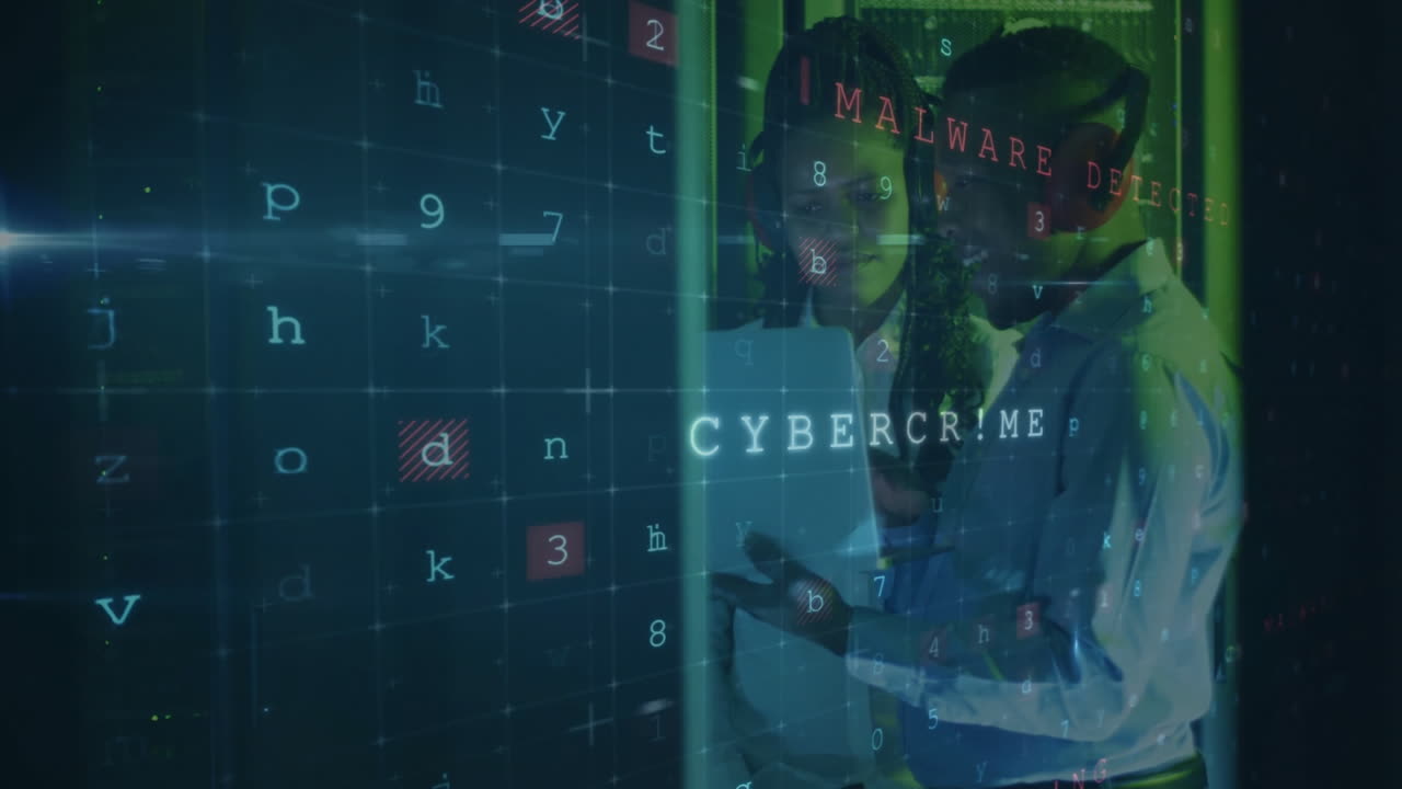 Cybercrime and malware animation over diverse professionals discussing in office